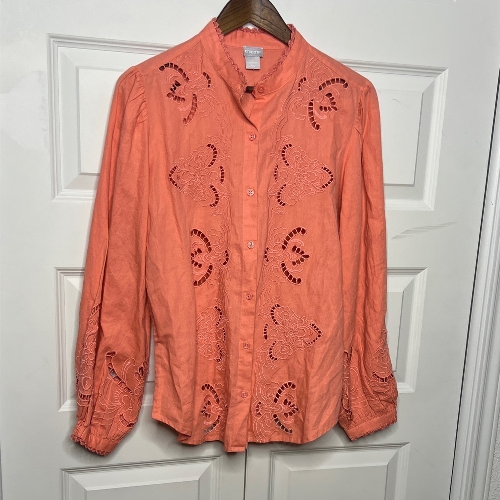 Chicos Size 1 (8-10) Salmon Button-Up Blouse with Embroidered Details